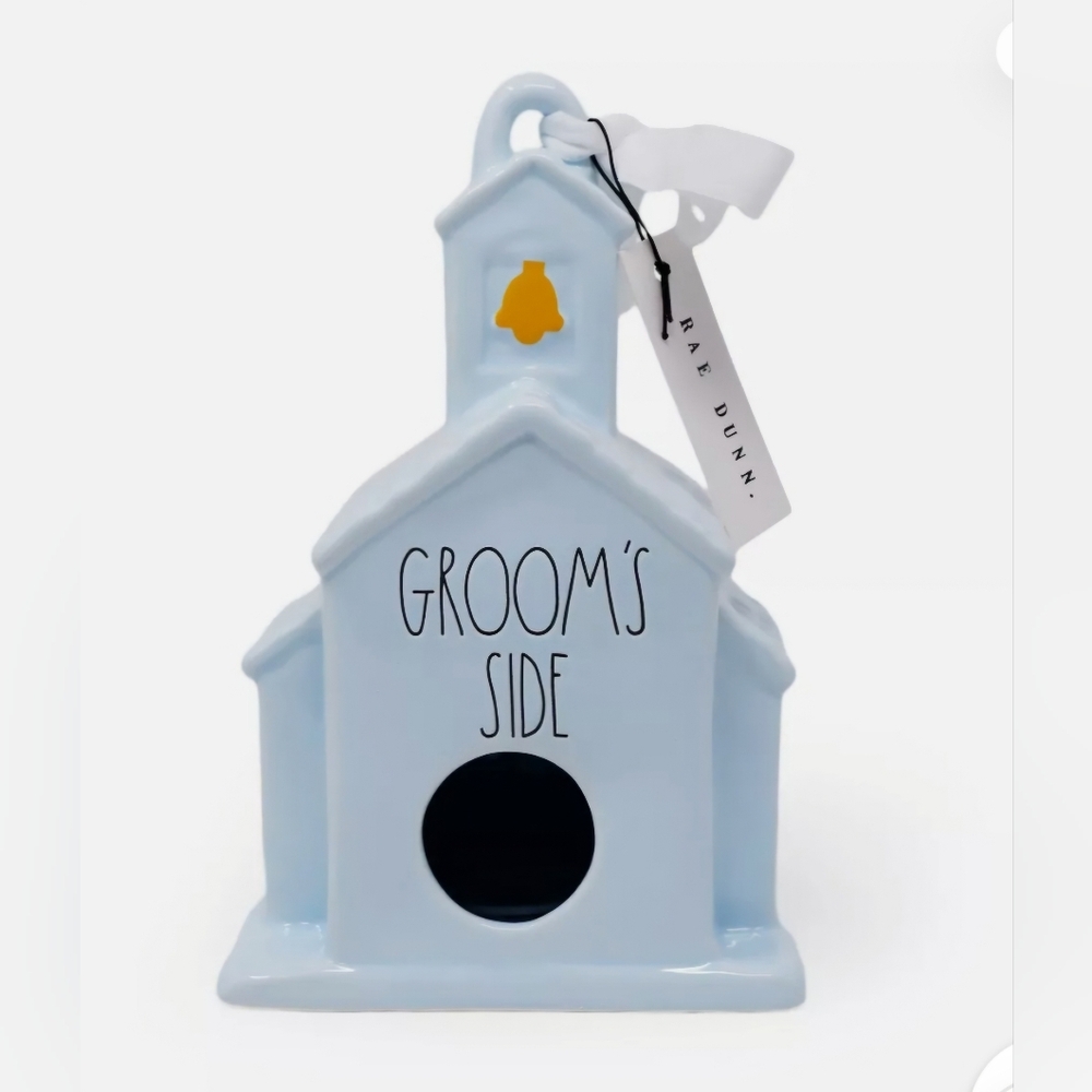 RAE DUNN Ceramic Blue Chapel Limited Edition "Groom's Side" Birdhouse